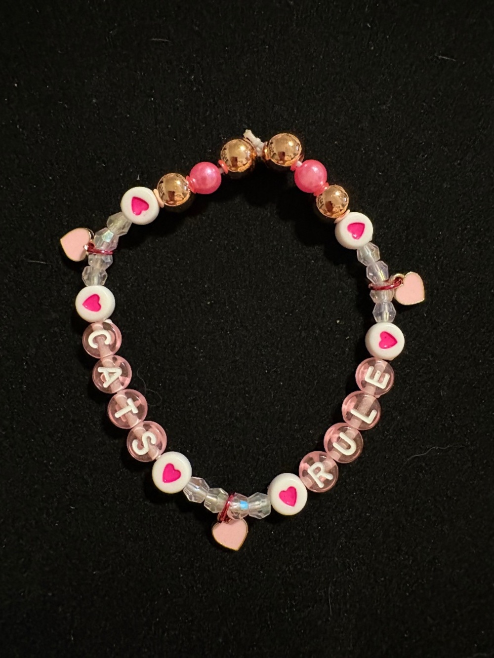 Cats Rule Pink Heart Stretch Bracelet | Rose Gold Cat Lover Jewelry